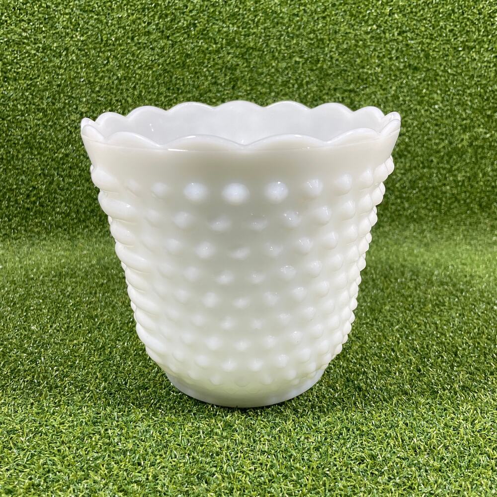 Vintage Oven Ware White Milk Glass Hobnail Scalloped Vase Planter Bowl